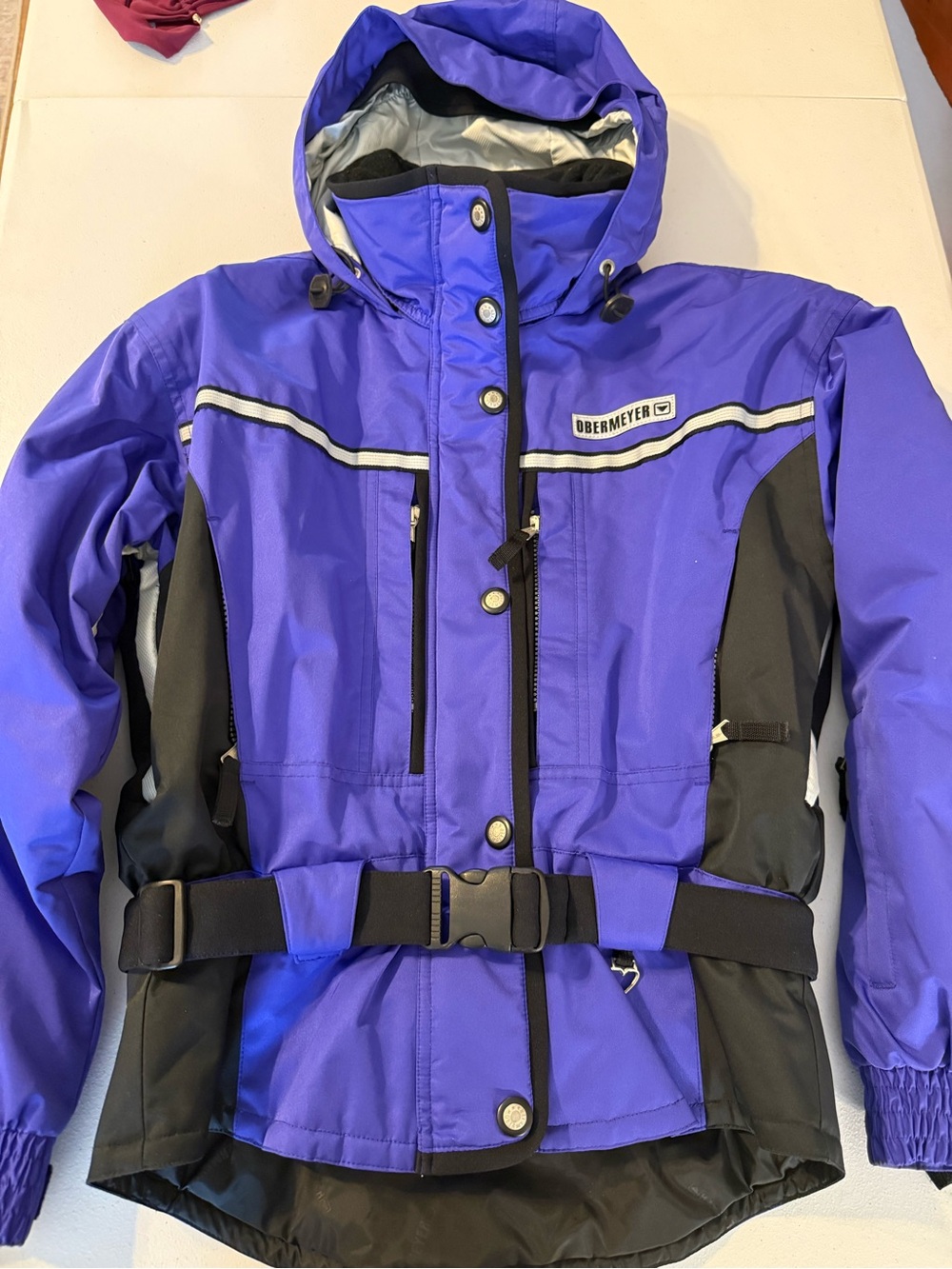 Obermeyer Ski Jacket Womens Sz10 Blue Hooded Full Zip Coat Windbreaker Insulated